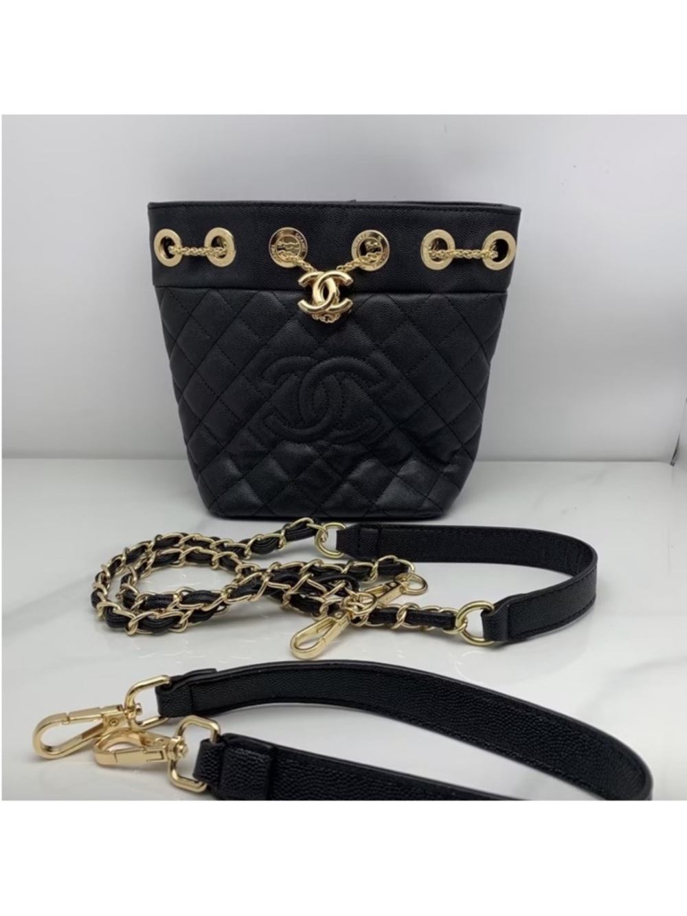 CHANEL VIP GWP Black Quilted Drawstring Bucket Bag with Gold Chain Strap